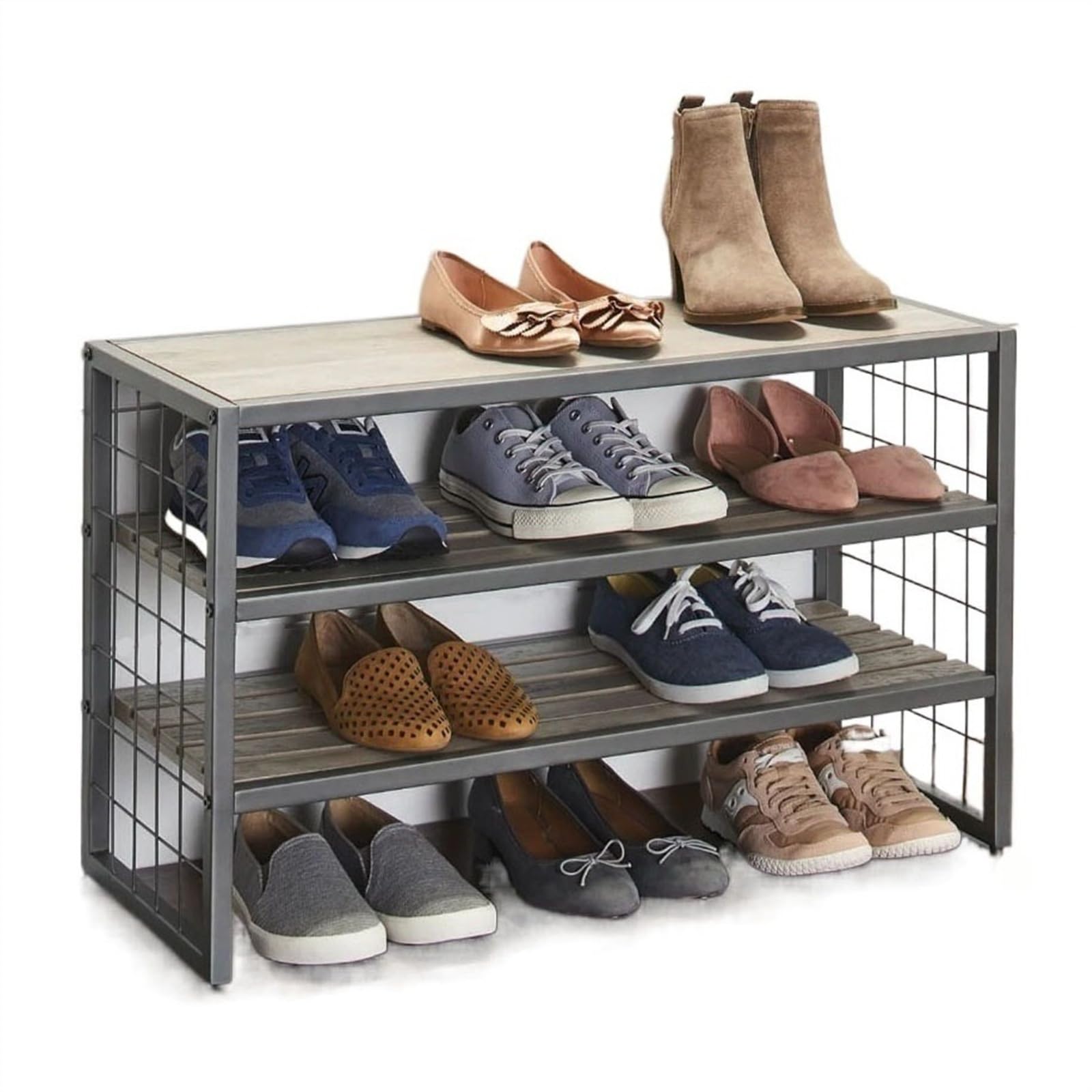 Platzsparender Schuhschrank Schuhregal mit 3 Ebenen, robuster und langlebiger Schuh-Organizer mit Metallrahmen und Holzregal, platzsparendes stapelbares Schuhregal for bis zu 12 Paar Schuhaufbewahrung