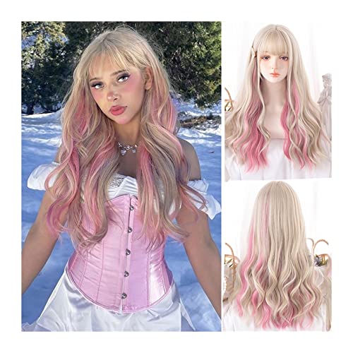 Perücken für Frauen Lange gewellte lockige Perücke mit Pony, blonde Strähnchen rosa lockige Perücke for Frauen Mädchen Lolita Cosplay Perücke natürliche hitzebeständige Partyperücke für die Tägliche P