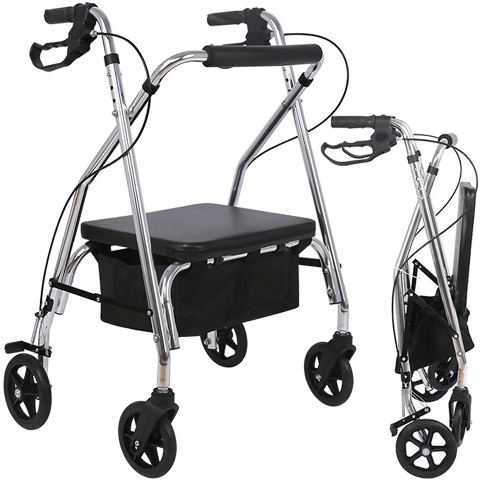 4-Rad-Rollator mit Sitz, faltbarer Rollator Walker, faltbare Rollator Walker, Rollatoren & Zubehör, verstellbarer Griff und Rückenlehne, für ältere Menschen mit Behinderung,Silber