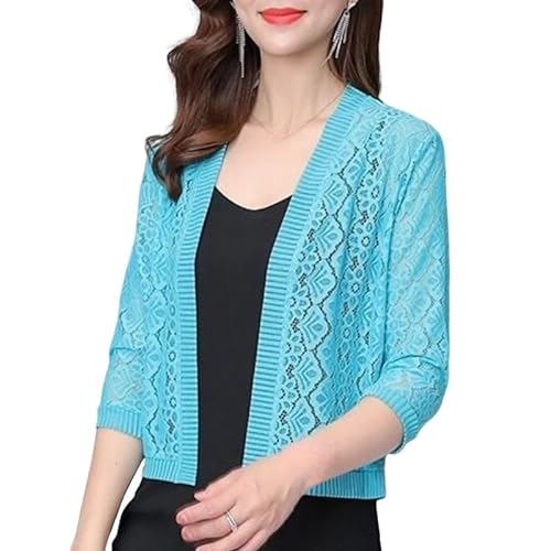 CuLtP Bolero für Abendkleider Damen Bolero Strickjacke Aus Spitze 3/4 Ärmel Häkel Bolero Strickjacke Sommer Cardigan Mit Blumenmuster Durchsichtiger Strickjacke Aus Netzstoff 50Er Jahre Bolero Abe