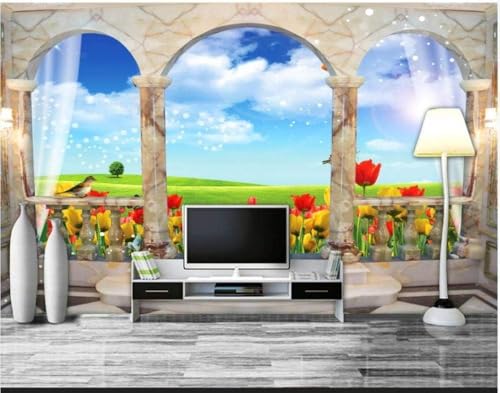 Römische Marmorsäulen Blauer Himmel Weiße Wolken Und Grasland 3D Tapete Poster Restaurant Schlafzimmer Wohnzimmer Sofa TV Dekorative Wand-200cm×140cm