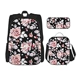 WURTON Rosa Blumendruck, trendige Rucksacktaschen, Lunchbox und Federmäppchen, 3-in-1, verstellbarer Rucksack-Set, Schwarz , Einheitsgröße