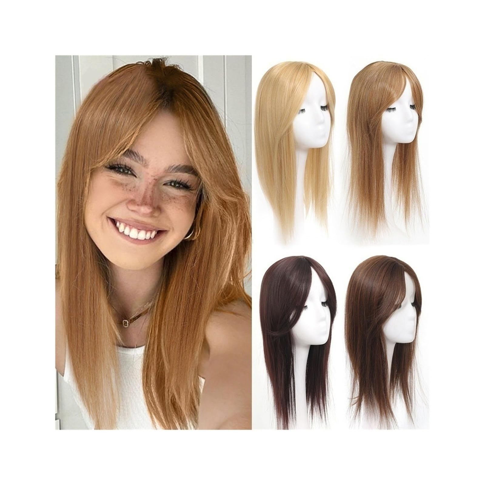 Haartopper für Frauen Glatte Haar-Topper mit Pony for Frauen, synthetische Haar-Topper mit 3 Clips, natürliche Topper-Haarteile, for Anklipsen, gerade Wiglets-Topper mit Pony Haarteil Topper Toupet Fr