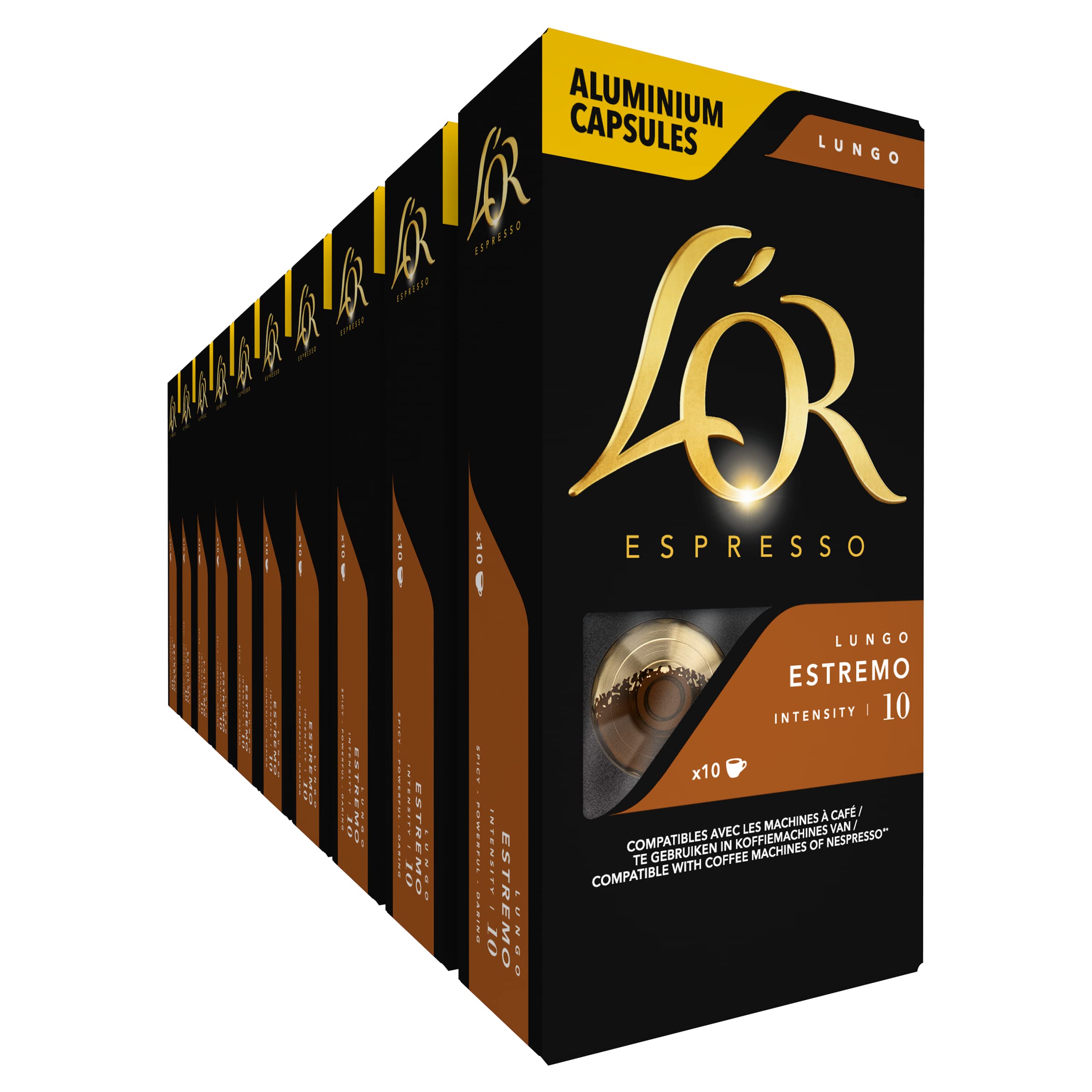 L'OR Kaffeekapseln Lungo Estremo, 100 Nespresso®* kompatible Kapseln, 10er Pack, 10 x 10 Getränke