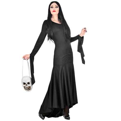 Widmann - Kostüm Morticia, Kleid, Totenkopftasche, Hexe, Halloween, Karneval, Mottoparty