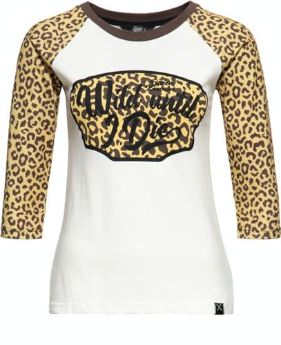 Queen Kerosin Damen 3/4 Arm T-Shirt | T-Shirt | Raglan Longsleeve | Slim Fit | Print || Leo | Leopard | Animal Print | Baumwolle | Front Print