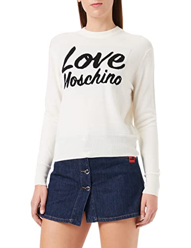 Love Moschino Women's Slim fit Long-Sleeved with Love Penguins Intarsia. Pullover Sweater, Optical White, 42