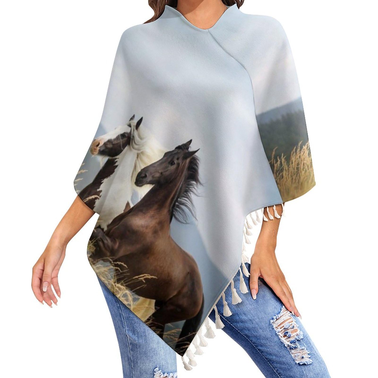 HABXNJF Damen Casual Poncho Top Pferd Schal für Frauen Wrap Schal mit Quasten für Herbst Winter, Weißes Pferd, One size