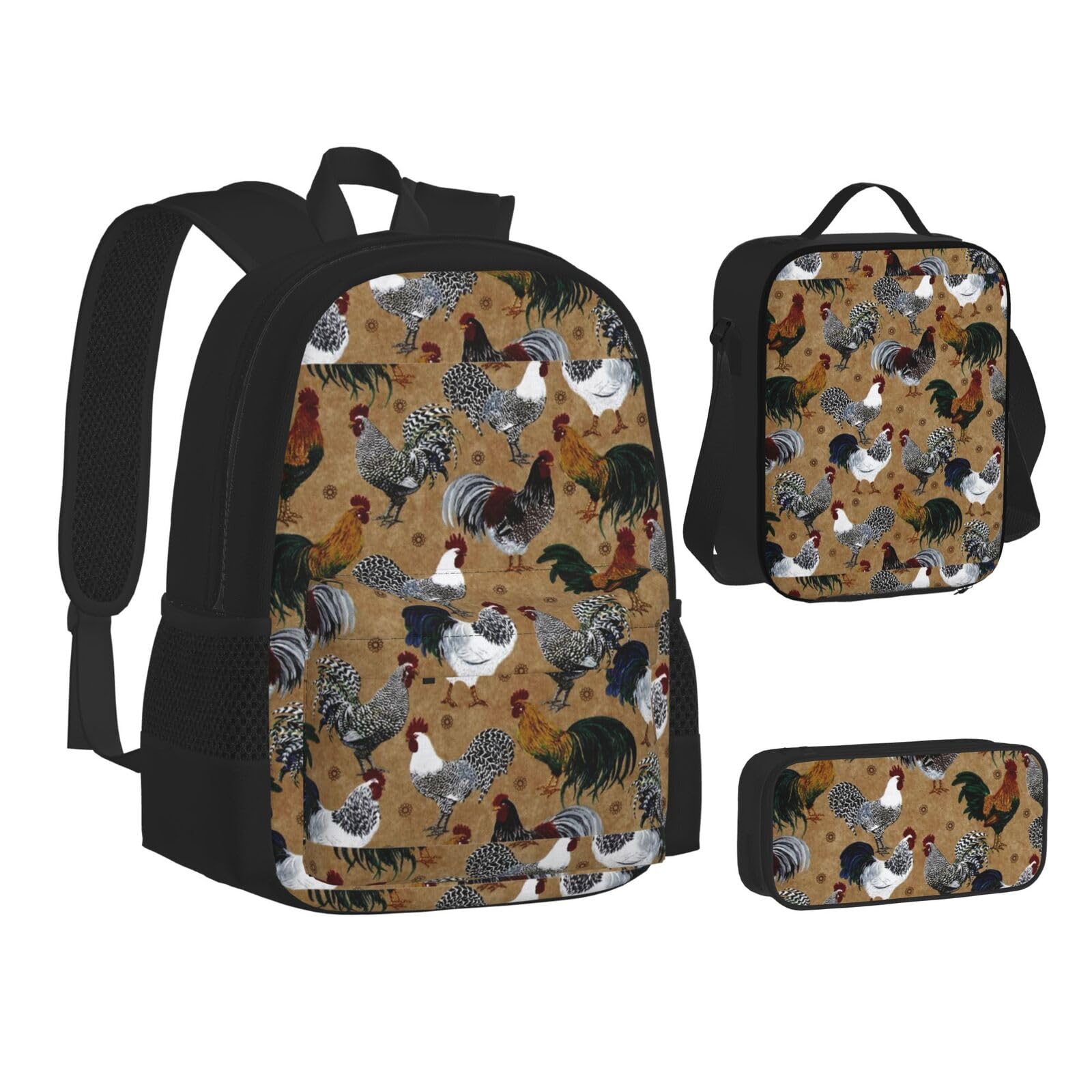 WURTON Büchertasche mit Jagdmotiv Hirsch Bär Elch Druck Teenager Büchertasche Federmäppchen 3-in-1 Schulrucksack-Set Kinderrucksack, Aufdruck Hahn und Huhn, Einheitsgröße