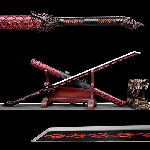 Katana aus Manganstahl,114 cm handgefertigtes Samurai-Schwert,mit Massivholz umwickelte PU-Lederscheide,Samurai-Schwert mit zartem Musterdesign auf der Klinge