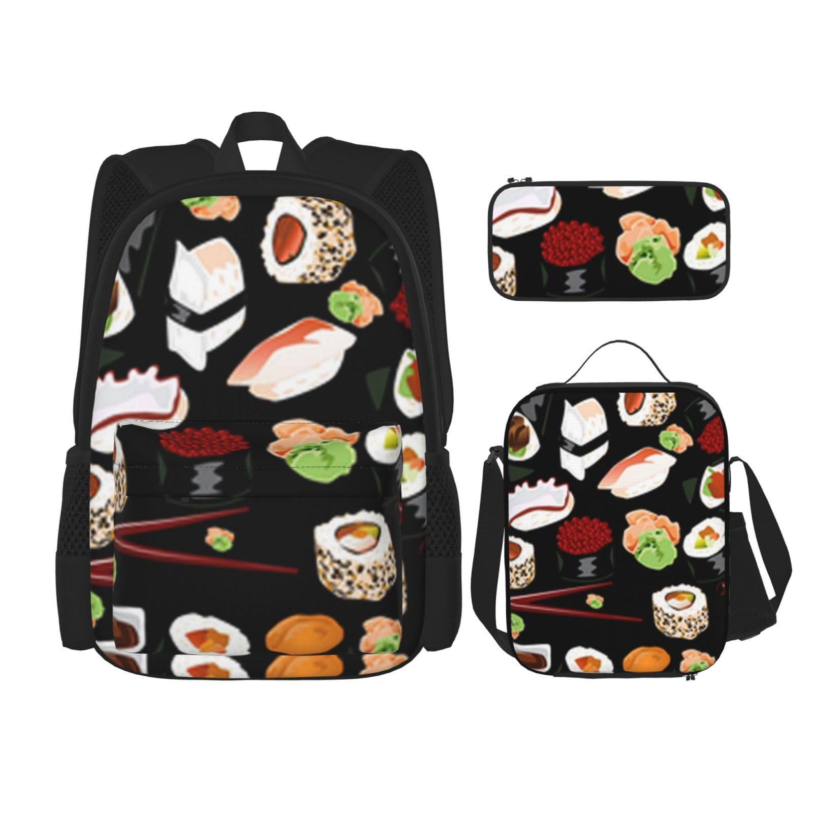 DENMER Mehrzweck-Schultasche mit passendem Federmäppchen und Lunchtasche - Ihre stilvolle All-in-One-Lösung, Japanisches Sushi schwarz, Einheitsgröße