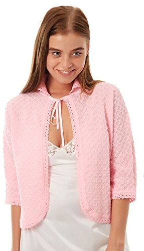 Lady Olga Traditionelle Strickjacke mit Bindeband vorne, Bolero-Stil, ¾ Ärmellänge für Damen 50 Rosa