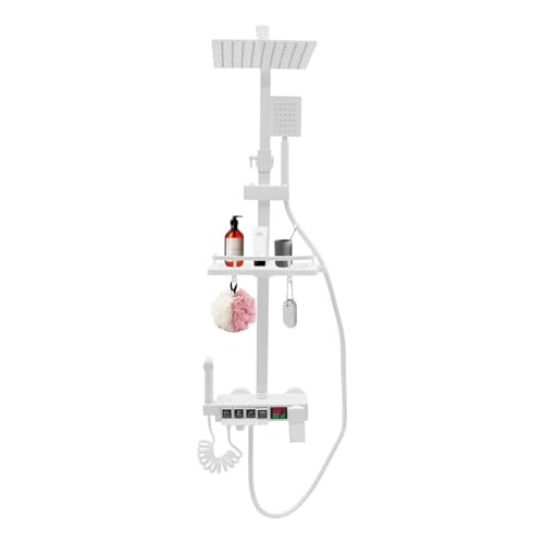 Thermostat Brausegarnitur mit Handbrause und Kopfbrause 4 Modus Duschsystem Messing Mischbatterie Duschset Piano-Taste Digitalanzeige Verstellbar Duschsäule mit Aufbewahrungskorbs