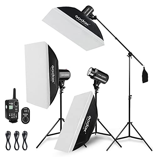 Godox 750W Studio Stroboskop Blitzlicht Kit, Stroboskop Beleuchtungsset für Fotografie, 3x250W 5600K Monolights mit Stroboskop Auslöser, Lichtständer, Galgenarm