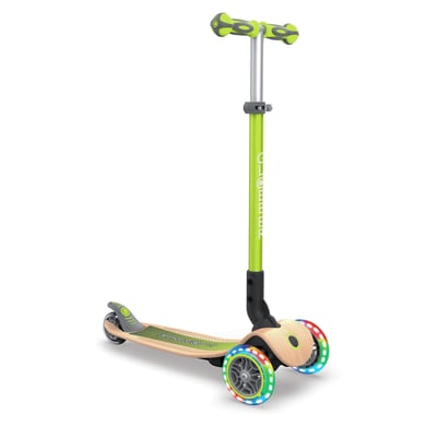 GLOBBER Scooter PRIMO FOLDABLE WOOD LIGHTS lime grün - mit Leuchtrollen und Holzdeck