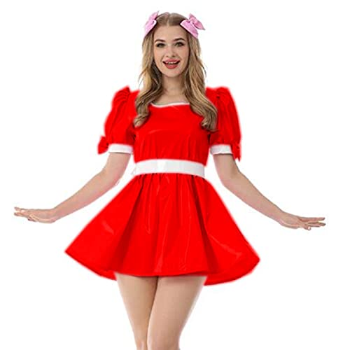 Leder PVC Kleid Damen Kragen Vinyl Minikleid Sommer Jungfrau Kostüm Fancy Bow Oversize Damenkleid, Rot, XL