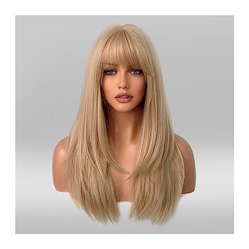 Perücken Blonde synthetische Perücken mit Pony for Frauen, langes gewelltes Haar, Cosplay, Lolita, Party, natürliche hitzebeständige Perücken, Faser, tägliches Haar Damenperücke