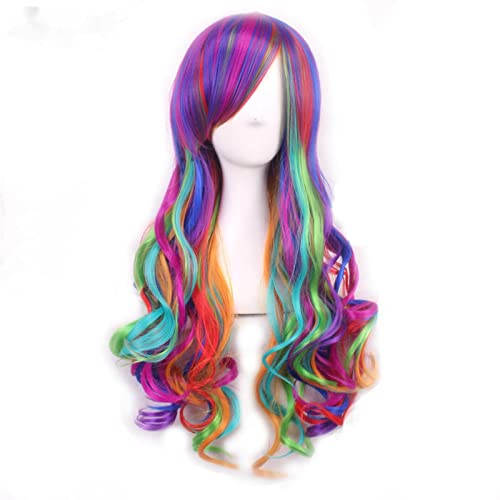 JGZGCG Similler Anime Synthetische Cosplay Perücken für Frauen Hochtemperaturfaser Lange lockige Regenbogenperücke mit Pony