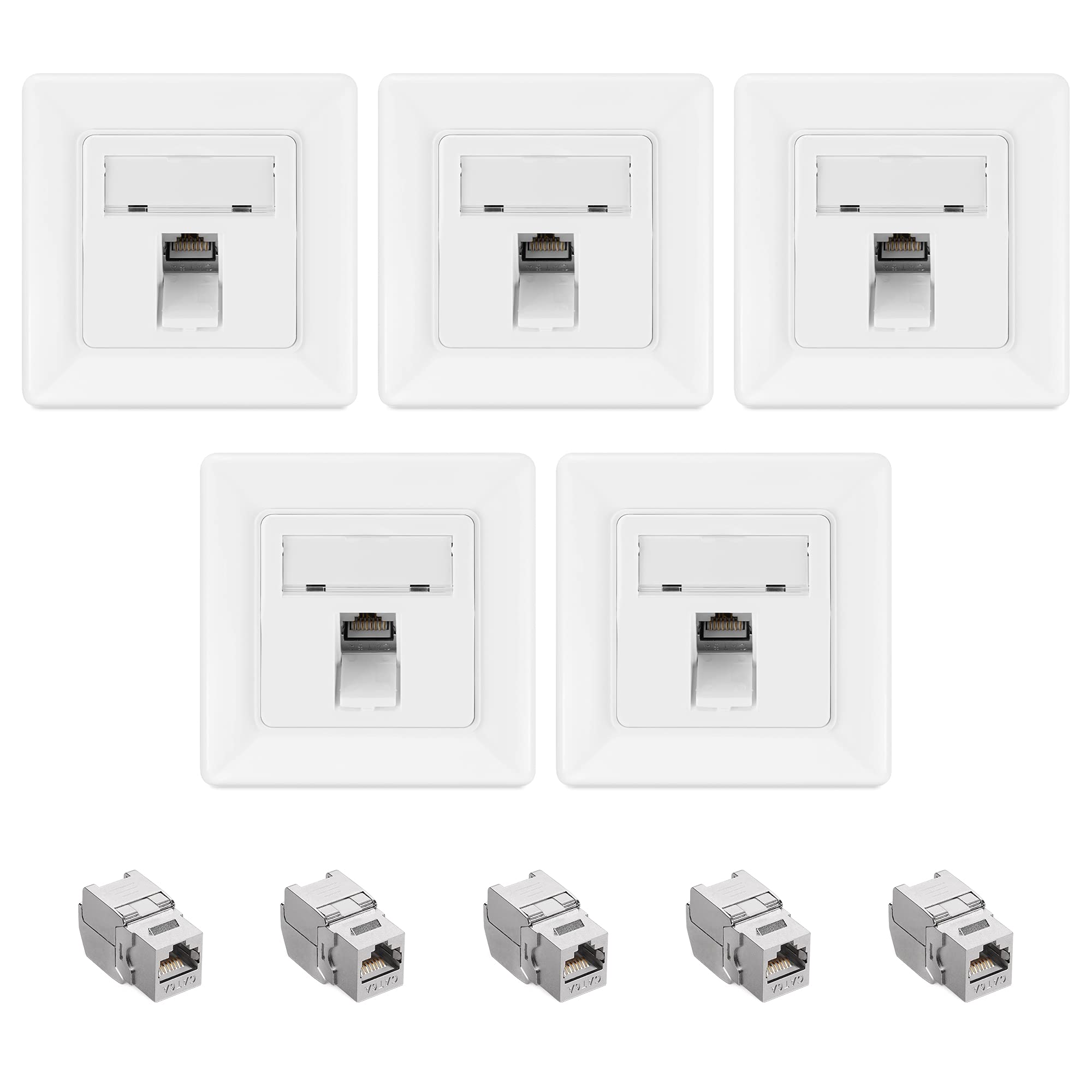 kwmobile Keystone Dose Modul Set - 5X Keystone Modul 5X Netzwerkdose 1-Port CAT 6A Kabel - 10Gibt/s geschirmt Metall Gehäuse RJ45 Schnappverschluss