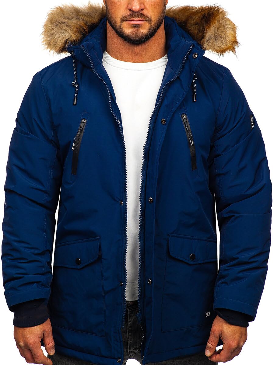 BOLF Herren Parka Jacke Winterjacke Gefüttert mit Kapuze Wintermantel Kapuzenjacke Lang Wärm Winter Herbst Freizeit Outdoor Casual Style WX032C Dunkelblau XXL [4D4]