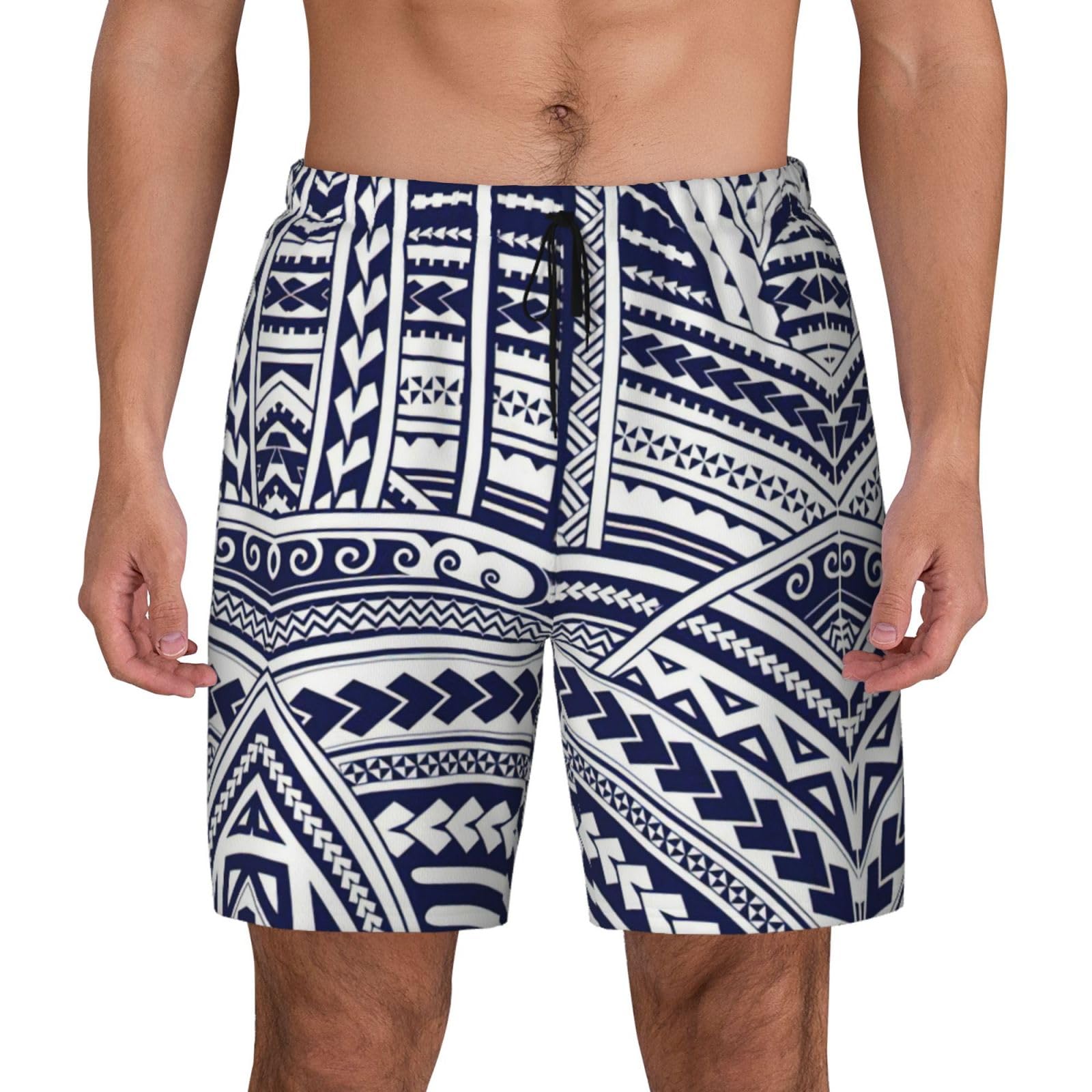 YQxwJL Blaue Polynesische Maori-Tribal-Muster für Herren, doppellagig, schnell trocknend, Badeshorts, Strand-Shorts, dehnbar, Fitnessstudio, Surfen, Schwarz , XXL