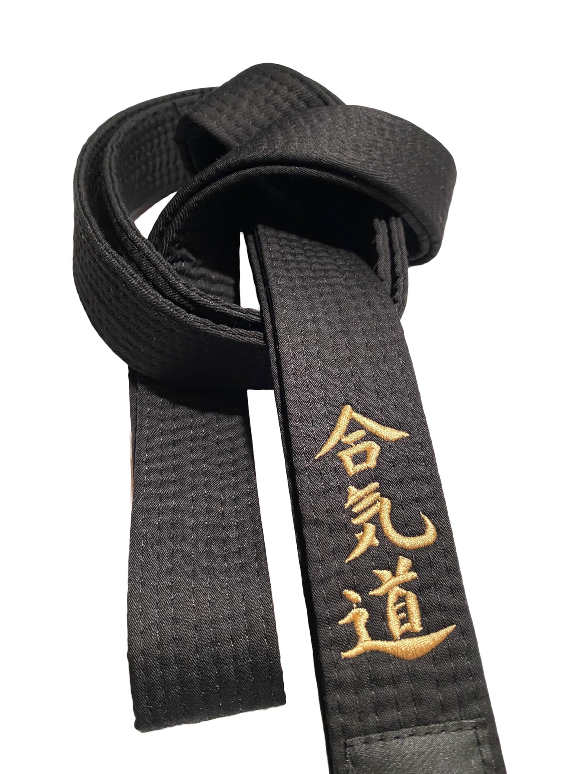 TEKKA BUDO Schwarzer Gürtel Bestickt - Aikido - 280 cm - Schriftzeichen Bestickung Gold - Schwarzgurt Kanji japanisch - Aikidogürtel