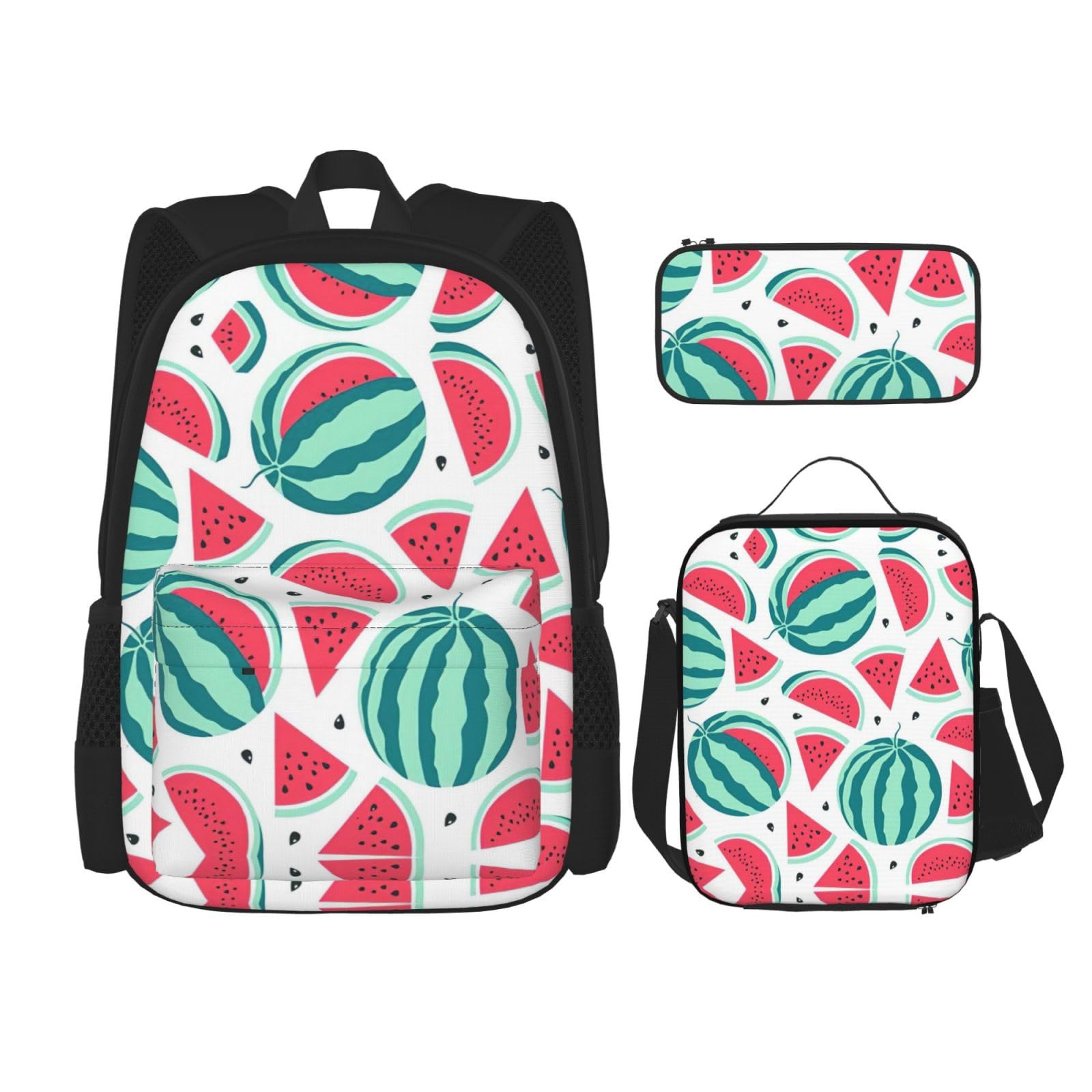 WURTON Trendige Rucksacktaschen mit Obst-Wassermelonen-Druck, Lunchbox und Federmäppchen, 3-in-1, verstellbares Rucksack-Set