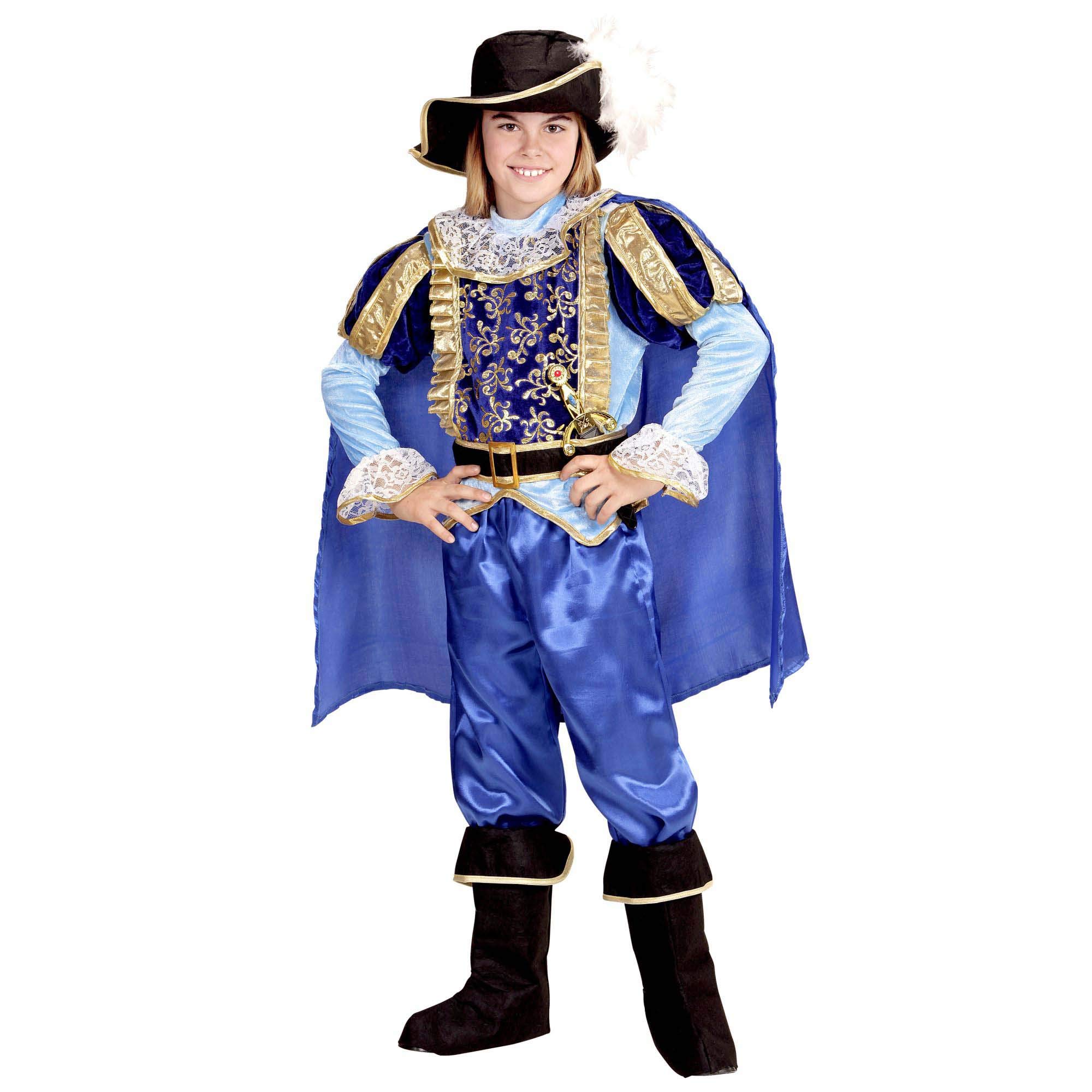 Widmann - Kinderkostüm Blauer Prinz, Oberteil, Hose, Gürtel, Stiefelüberzieher, Umhang, Hut, Adliger, Fasching, Karneval, Mottoparty