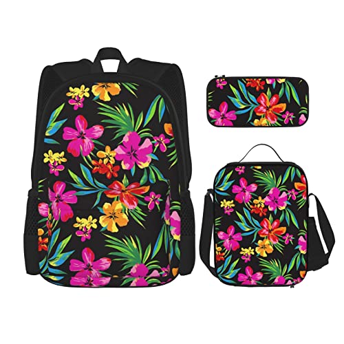 DENMER Mehrzweck-Schulranzen mit Libelle, mit passendem Federmäppchen und Lunchtasche, Set - Ihre stilvolle All-in-One-Lösung, Schwarz, Hawaiianische bunte Blume, Einheitsgröße