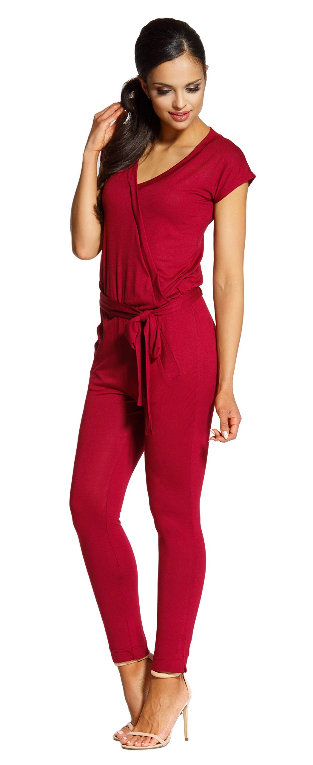 Lemoniade stylischer Jumpsuit Made in EU mit V-Ausschnitt und raffinierten Details, Karminrot Kurzarm, Gr. M (36/38)