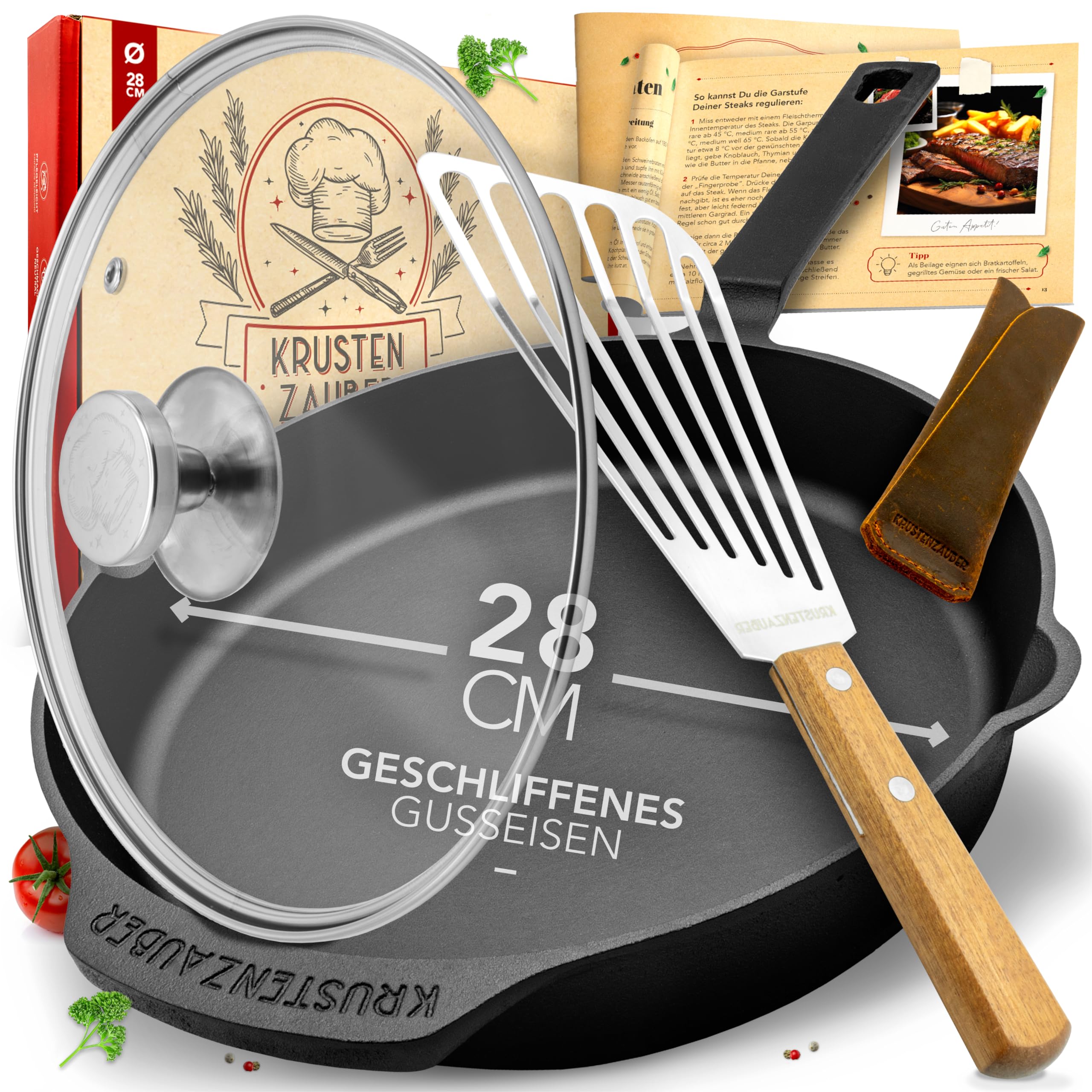 KRUSTENZAUBER 28cm Gusseisenpfanne Induktion Set - Fein Geschliffene Gusseisen Pfanne - Ideale Grillpfanne Induktion, Eisenpfanne, Cast Iron Pan, Bratpfanne, Gusseiserne Pfanne Skillet Gusspfanne