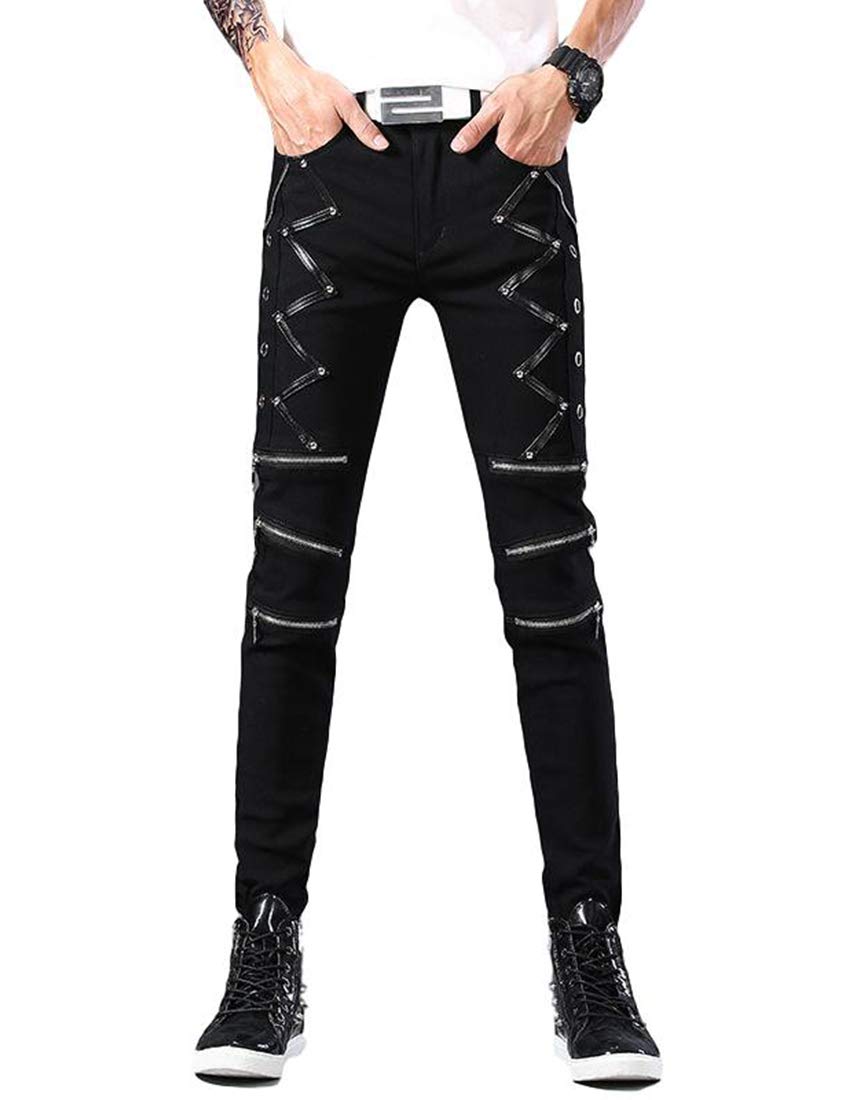 Idopy Herren Punk Gothic Nachtclub Party Schnallen Motorradhose Biker Jeans, Schwarz 1610, 48