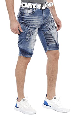 Cipo & Baxx Herren Jeans Shorts Denim Rippenmuster Freizeit Bermuda Kurze Hose Stonewashed Capri CK189 Blau 42