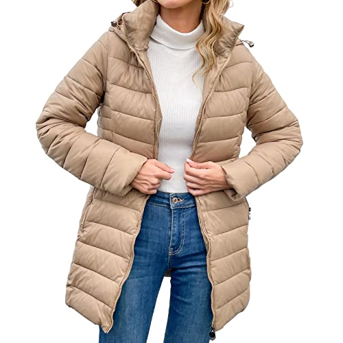 KADUNDI Damen Puffer Jacke Full Zip Langarm Daunenmäntel Gesteppte Komfortjacke mit Taschen (as3, alpha, x_l, regular, regular, Khaki)