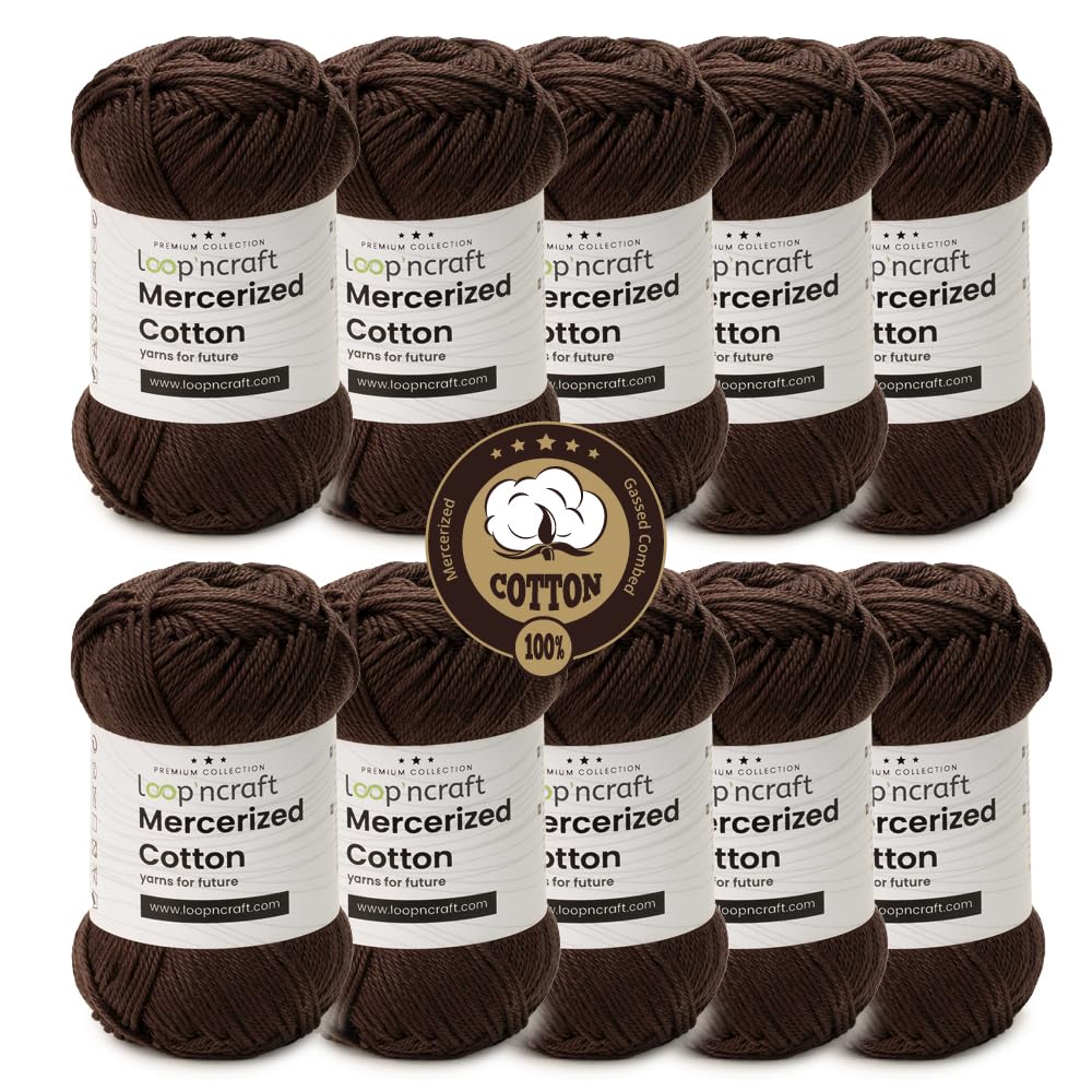 Mercerized Cotton 10er-Set, Dunkel Braun, Loopncraft, 10 X 50g, Amigurumi Garn, Premium, 100% merzerisierte, gekämmte und gasierte Baumwolle