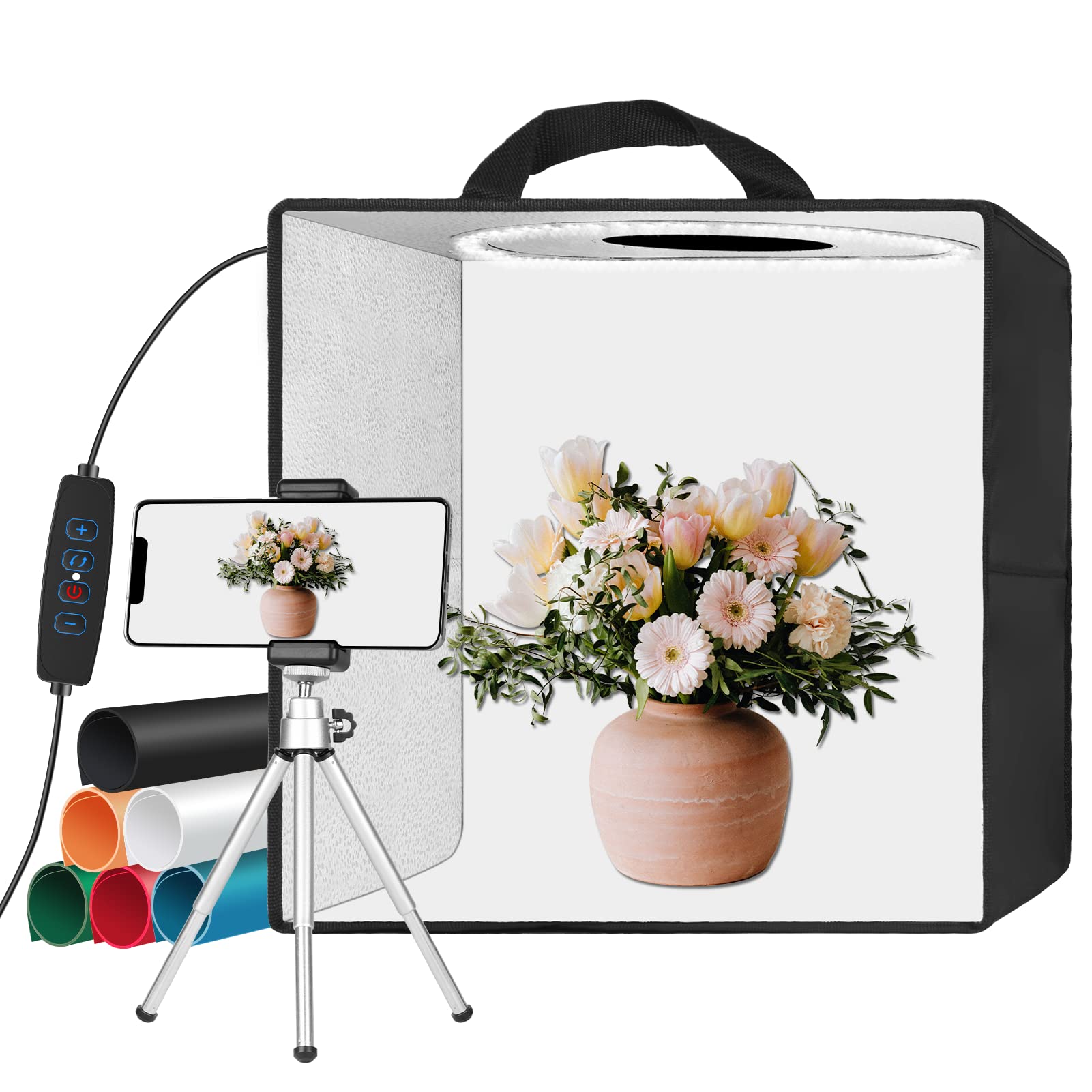 EMART Fotostudio Lichtbox, 30x30x30 cm Fotobox zum Fotografieren, Fotostudio Set 120 LED-Licht und 6 Wasserdichten Hintergründen für Produktfotografie, Schmuck und kleine Gegenstände