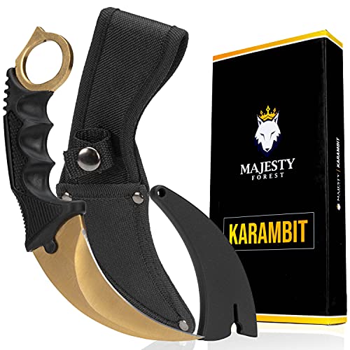 Majesty Forest® Karambit Messer (Gold) - Sehr scharfe Klinge - CSGO Trainer mit Holster und Klingenschutz