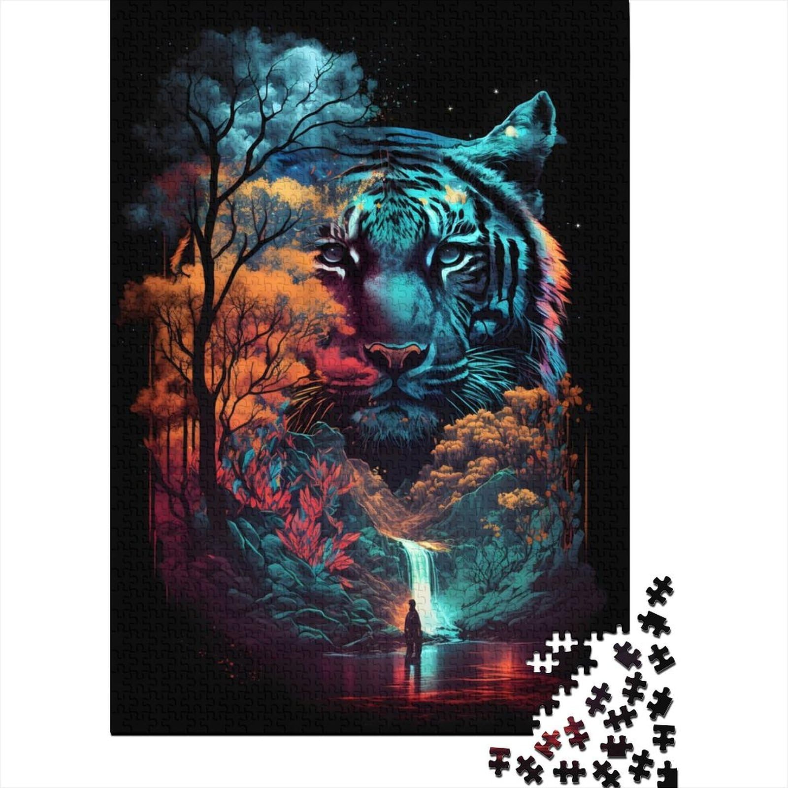 Tiger-Doppelbelichtung, lustiges Puzzle für Erwachsene, 1000 Teile, 1000-teiliges Puzzle für Erwachsene und Teenager, Lernspiele, Heimdekorations-Puzzle, 75 x 50 cm