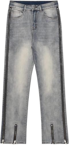 Gewaschene Jeans für Herren, modisches Design mit seitlichem Reißverschluss, Straßentrend, lockere, gerade, vielseitige, lässige Denim-Hose für Vier Jahreszeiten, Blau, S