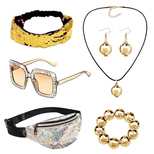 Weppduk 70er-Jahre-Disco-Kostüm-Set für Damen, Disco-Kugeln, Ohrringe, Halskette, Armband | 70er-Jahre-Disco-Stirnband, Disco-Kugel, Armband, Ohrringe, Hüfttasche für Mädchen | 6 Teile/satz 60er 70er