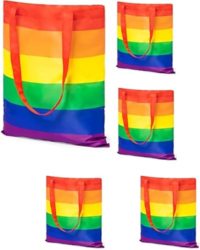 noTrash2003 Regenbogen Einkaufsbeutel Einkaufstasche Tragetasche 38 cm x 42 cm mit langen Henkeln aus recyceltem Polyester RPET im LGBT Design Toleranz zeigen (Fünferset)