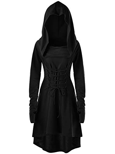 chuangminghangqi Renaissance Kostüm Damen Robe zum Schnüren Mittelalter Kleid mit Kapuze Langarm Retro Gothic Cosplay Halloween Karneval (XL, Schwarz-2)