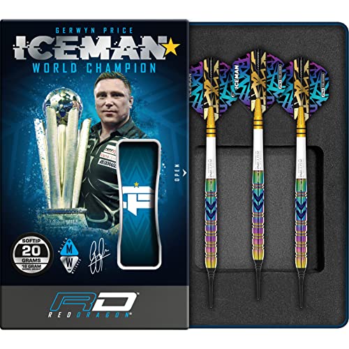 RED DRAGON Gerwyn Iceman Price Ionic 18 Gramm Softip Premium Tungsten Dartset mit Flights und Stielen