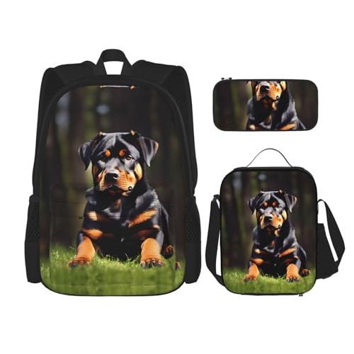 YQxwJL 3-in-1-Rucksack-Büchertaschen-Set, mit niedlichem Corgi-Hunde-Druck, lässiger Reiserucksack, mit Federmäppchen, Lunchtasche, Rottweiler-Tapete, Einheitsgröße