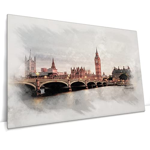 London Westminster mit Big Ben - Leinwand Bild - Wandbild aufhängefertig Brücke Themse Kunst Druck Bilder Wand Deko Modern Art XXL Wohnzimmer (100 x 70 cm, Leinwand auf Keilrahmen)