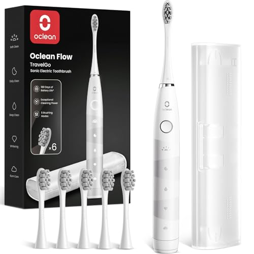 Oclean Elektrische Zahnbürste TravelGo FlowSet, 180 Tage Akkulaufzeit Sonic Electric Toothbrush mit Reiseetui und 6 Bürstenköpfen, 5 Modi Schallzahnbürste mit IPX7 Wasserdicht, Weiß