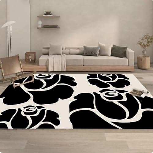 Gambo Teppich Schwarze Blumen Teppich Moderne Abstrakte Polyester,Für Wohnzimmer Schlafzimmer Esszimmer rutschfeste Weiche Teppich,Faltbar Küchenteppich,Pflegeleicht,80X120Cm