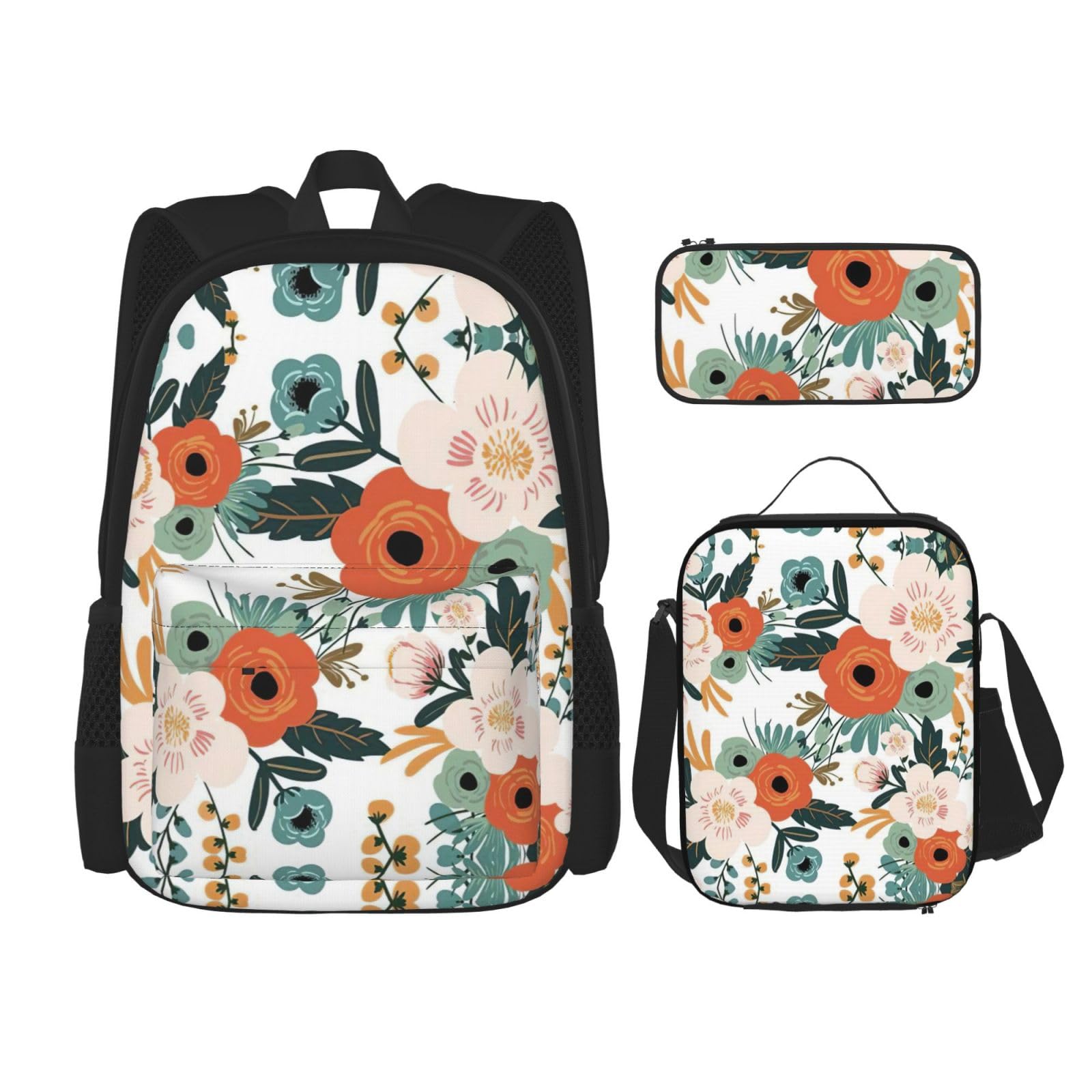 WURTON Frühlingsblumen-Druck, verstellbare Schultergurte, Rucksack-Set, Lunch-Tasche, Federmäppchen, Kombinationstaschen-Set