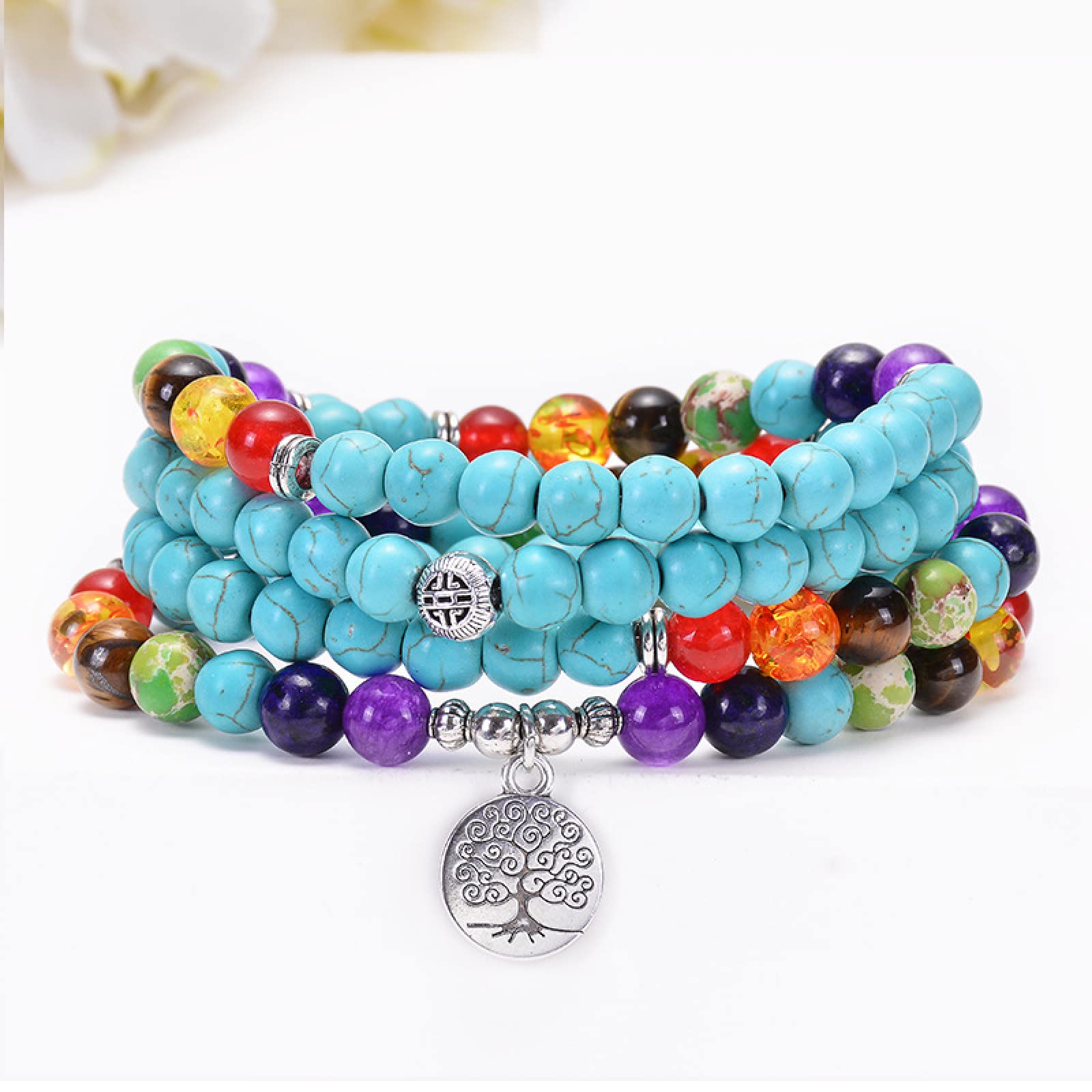 108 Mala Multi-Layer-Armbänder oder Halskette Sieben Chakras Yoga Life Lotus Tree Pendant Bracelet,Baum