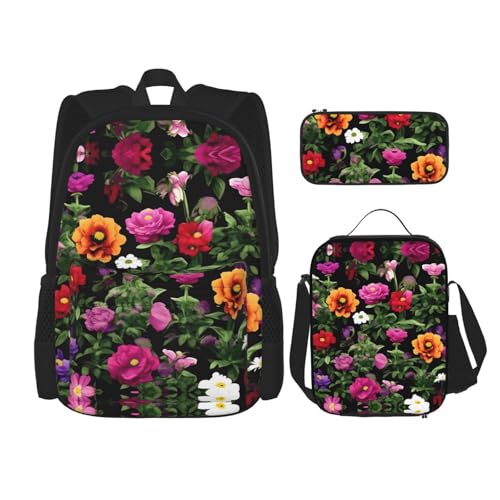 WURTON Thug Life Blumen Druck Reise Lunchbox Federmäppchen Rucksack Set 3 Stück Verstellbare Träger Leicht